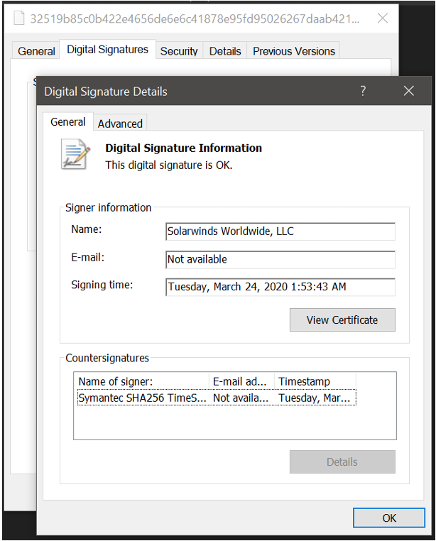 SolarWinds digital signature on software with backdoor