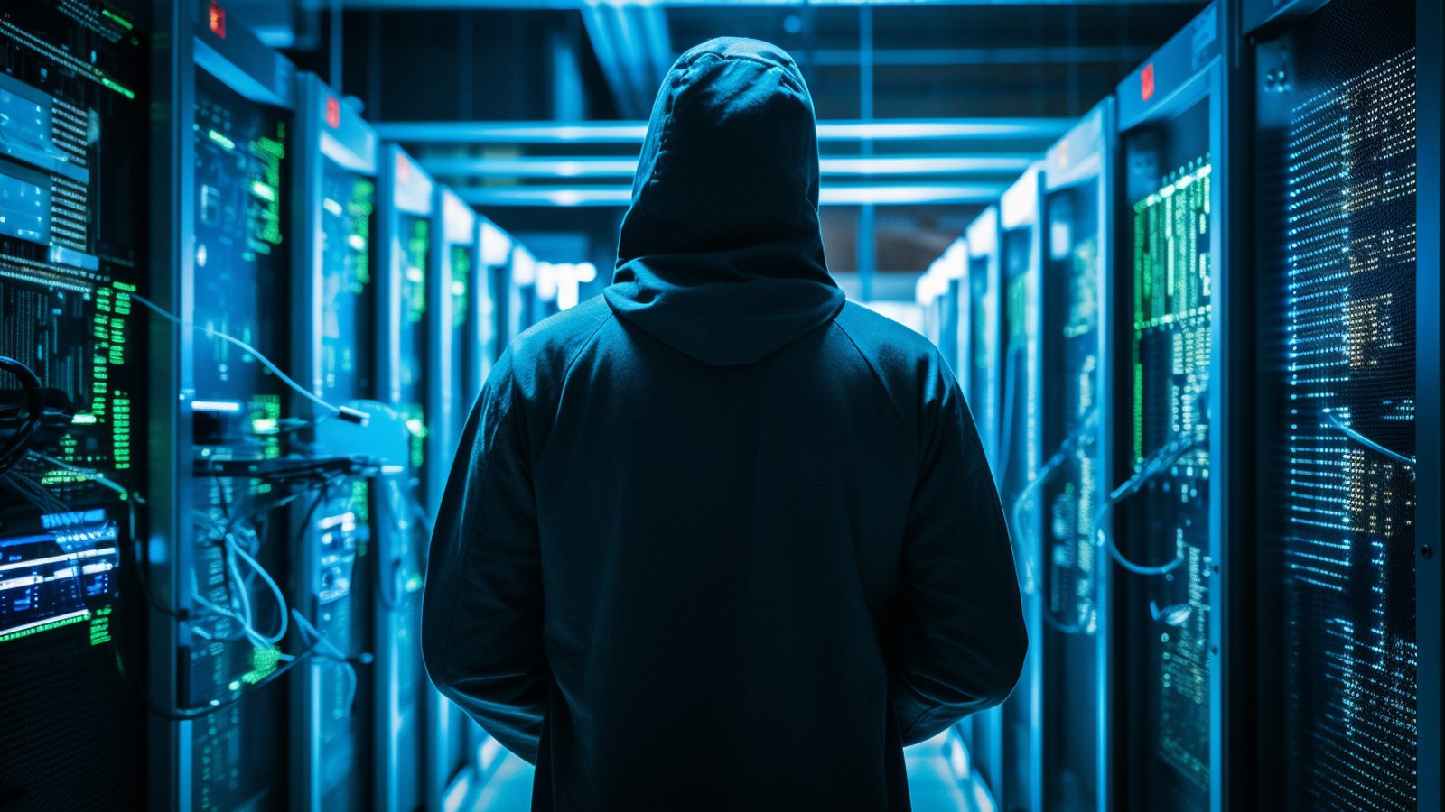 Hacker walking through a datacenter